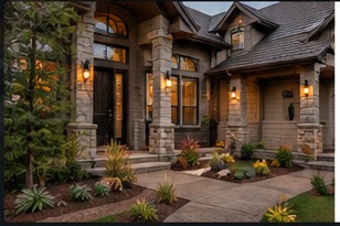 Front exterior of a home with stone accents, a lit entryway and a landscaped walkway at dusk