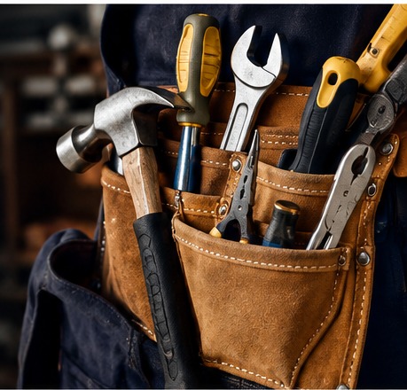 Handyman tool belt holding a hammer, wrench, screwdrivers and pliers, used by AVJ Handyman Services in San Antonio, TX